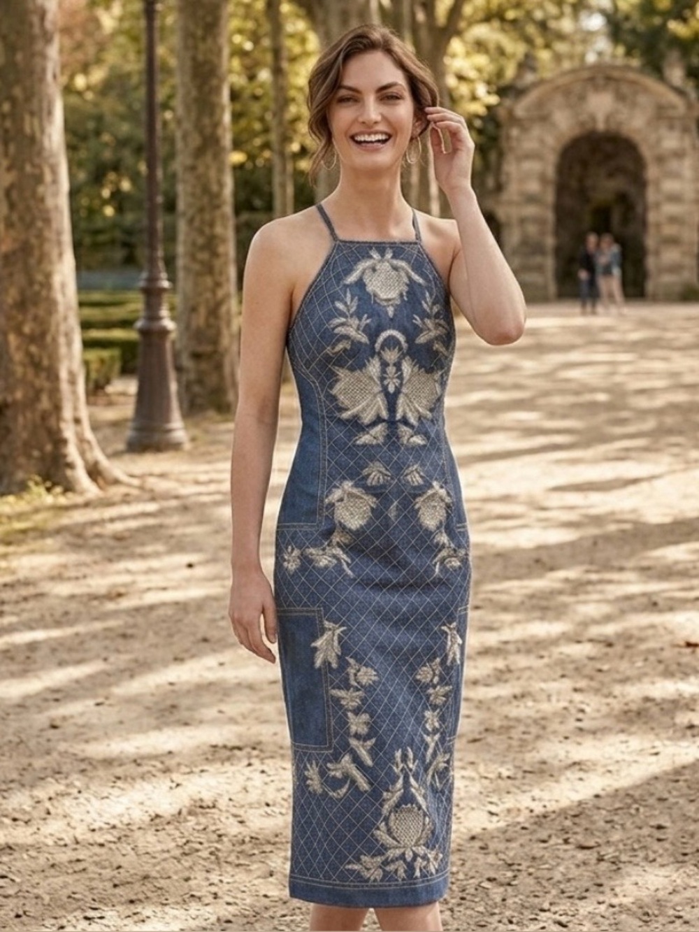 NWT Karen Millen Beaded Embellished Denim Woven Halter Midi Dress US 6 - Picture 5 of 16